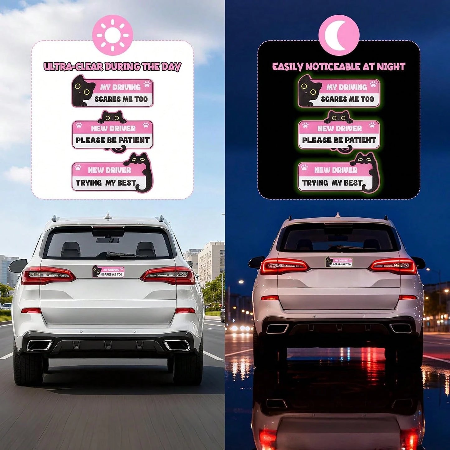 3Pcs New Driver Magnet For Car, Cute Black Cat Student Driver Magnet Sticker For Car, Please Be Patient Keep Distance Safety Reflective Sign Reusable Movable Bumper Stickers &Amp; New Driver Gifts