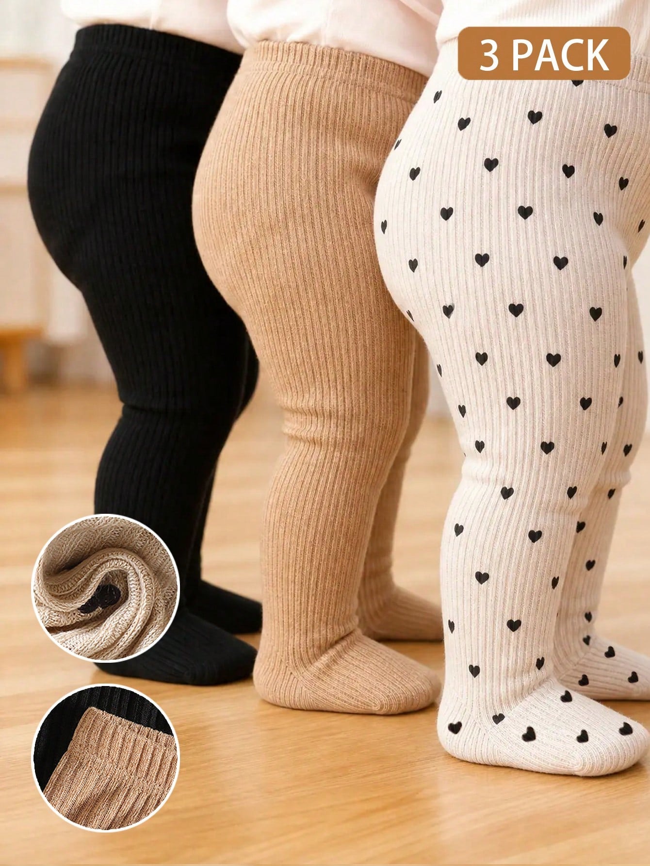 3pcs Newborn Baby Girl New Autumn/Winter 3-Piece Pants Set, Available In Black, Brown, Apricot With Heart Pattern, Soft And Comfortable Fabric, Cute Casual Style, Suitable For 0-9 Months Baby Da