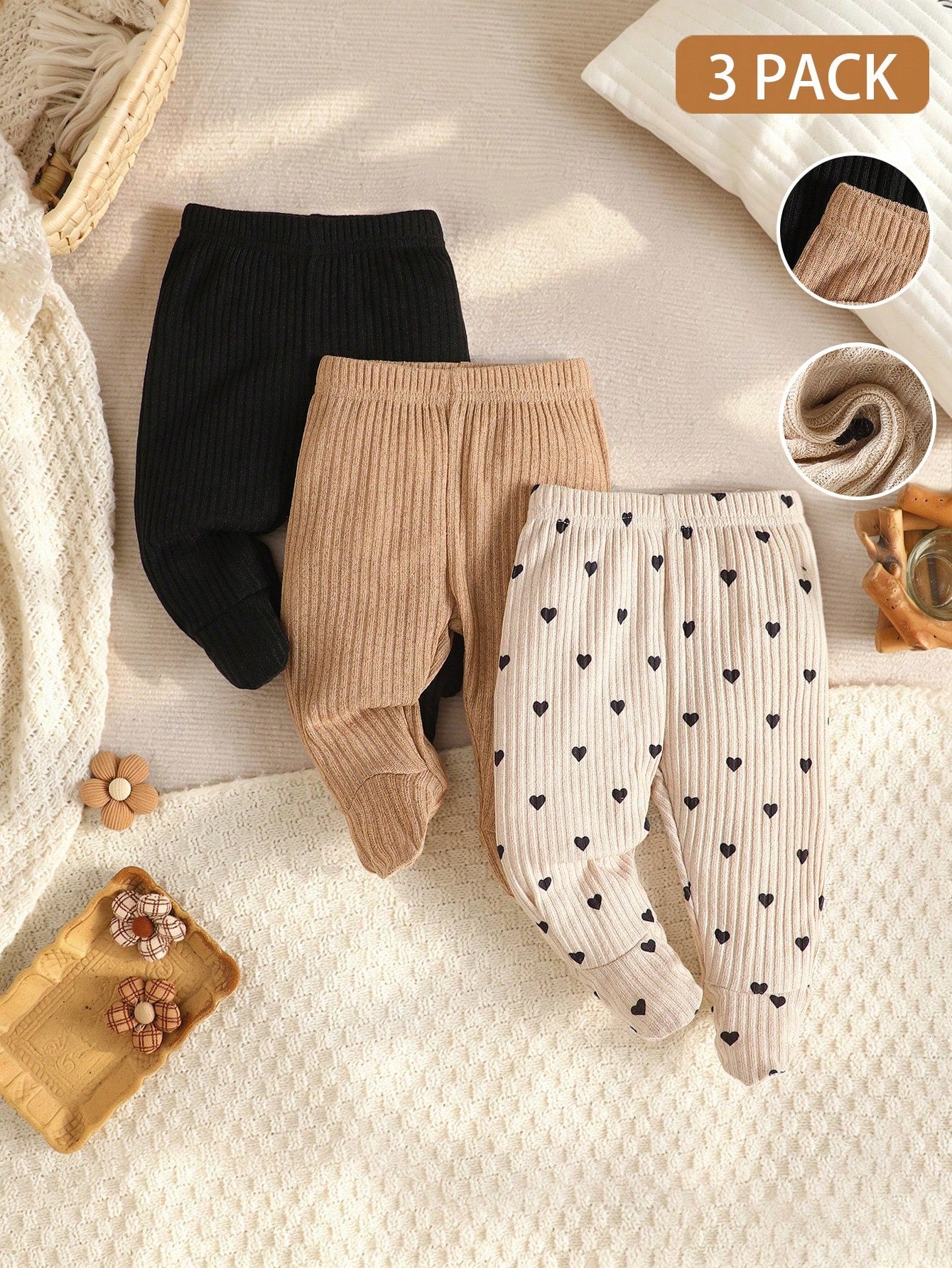 3pcs Newborn Baby Girl New Autumn/Winter 3-Piece Pants Set, Available In Black, Brown, Apricot With Heart Pattern, Soft And Comfortable Fabric, Cute Casual Style, Suitable For 0-9 Months Baby Da