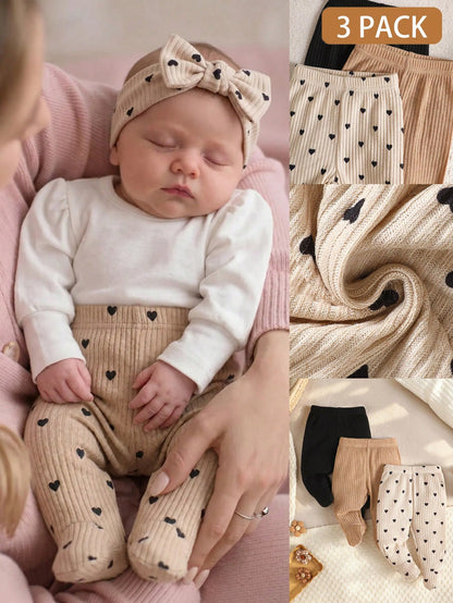 3pcs Newborn Baby Girl New Autumn/Winter 3-Piece Pants Set, Available In Black, Brown, Apricot With Heart Pattern, Soft And Comfortable Fabric, Cute Casual Style, Suitable For 0-9 Months Baby Da