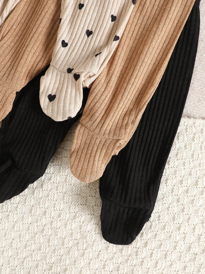 3pcs Newborn Baby Girl New Autumn/Winter 3-Piece Pants Set, Available In Black, Brown, Apricot With Heart Pattern, Soft And Comfortable Fabric, Cute Casual Style, Suitable For 0-9 Months Baby Da