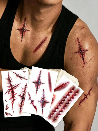 3Pcs Realistic Scar Temporary Tattoo Stickers, Halloween Bloody Scars, Stitched Wound Fake Tattoos, Waterproof Long-Lasting Temporary Tattoos, Must-Have Fake Tattoos For Halloween Parties & Pranks