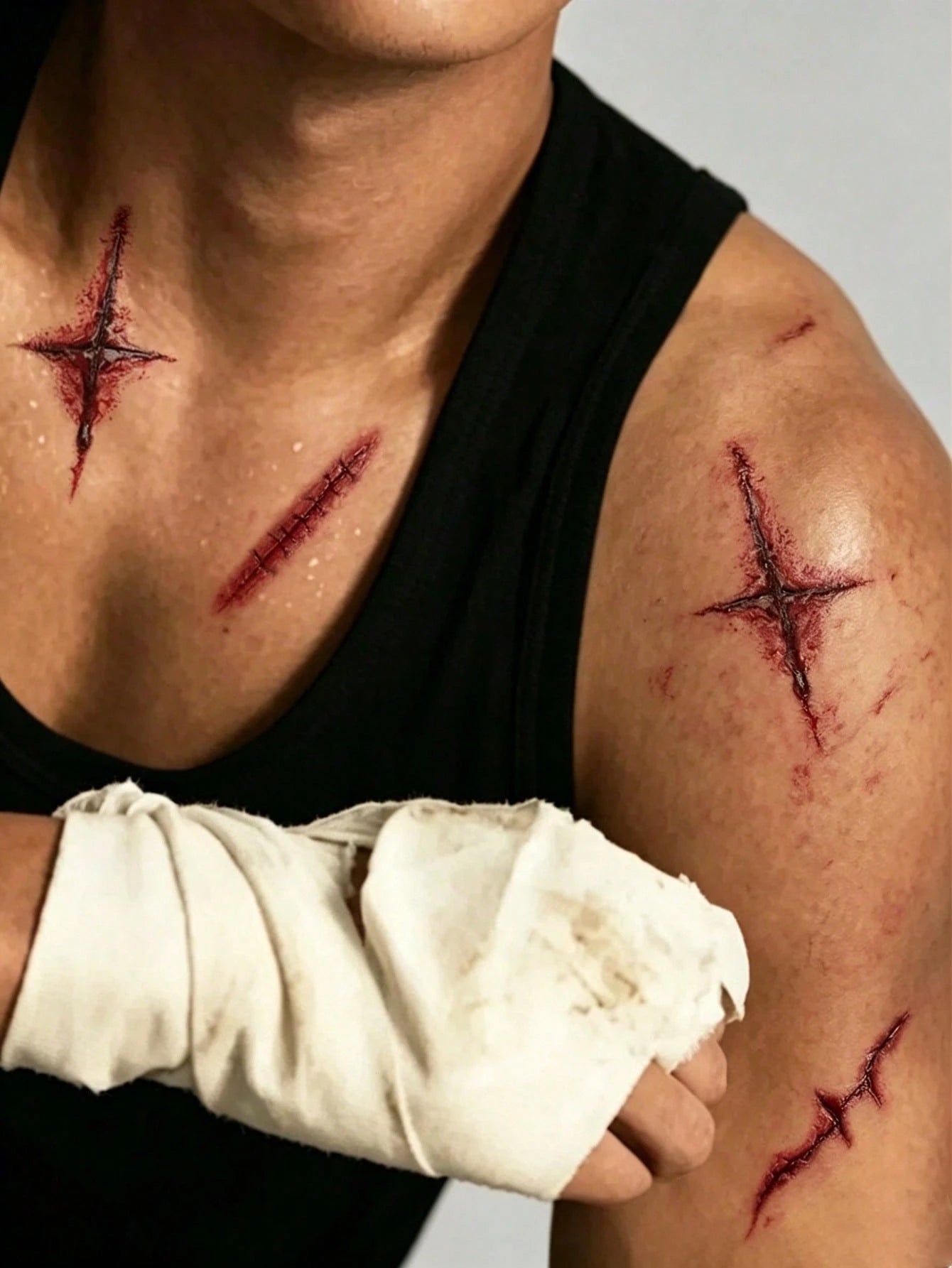3Pcs Realistic Scar Temporary Tattoo Stickers, Halloween Bloody Scars, Stitched Wound Fake Tattoos, Waterproof Long-Lasting Temporary Tattoos, Must-Have Fake Tattoos For Halloween Parties & Pranks