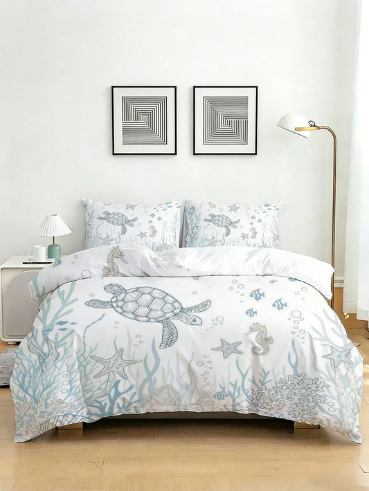3pcs Sea Turtle Printed Bedding Set, Soft & Comfortable Duvet Cover, Suitable For Bedroom, Guest Room (1 Duvet Cover + 2 Pillow Shams, Comforter/Pillow Insert Not Included)