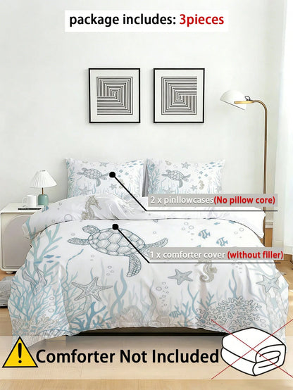 3pcs Sea Turtle Printed Bedding Set, Soft & Comfortable Duvet Cover, Suitable For Bedroom, Guest Room (1 Duvet Cover + 2 Pillow Shams, Comforter/Pillow Insert Not Included)