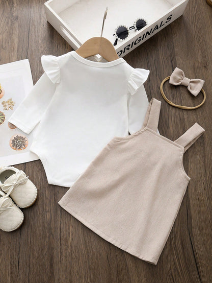 3Pcs/Set Baby Girl Cute Knit Scoop Neck Drop Shoulder Long Sleeve Bodysuit, Pinafore Dress, And Bow Embroidered Vest With Headband