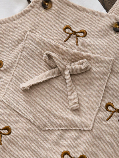 3Pcs/Set Baby Girl Cute Knit Scoop Neck Drop Shoulder Long Sleeve Bodysuit, Pinafore Dress, And Bow Embroidered Vest With Headband