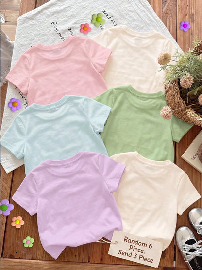 3pcs/Set Baby Girl Cute Light Pink Summer Graphic T-Shirts, Retro Dopamine Fruit Series Short Sleeve Baby Girl Round Neck Tee, Graduation, Back-To-School Wear