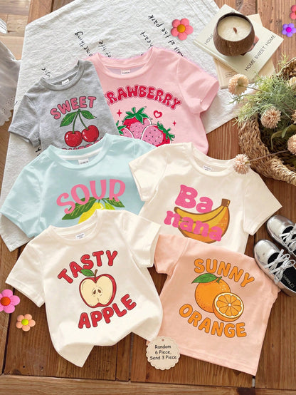3pcs/Set Baby Girl Cute Light Pink Summer Graphic T-Shirts, Retro Dopamine Fruit Series Short Sleeve Baby Girl Round Neck Tee, Graduation, Back-To-School Wear