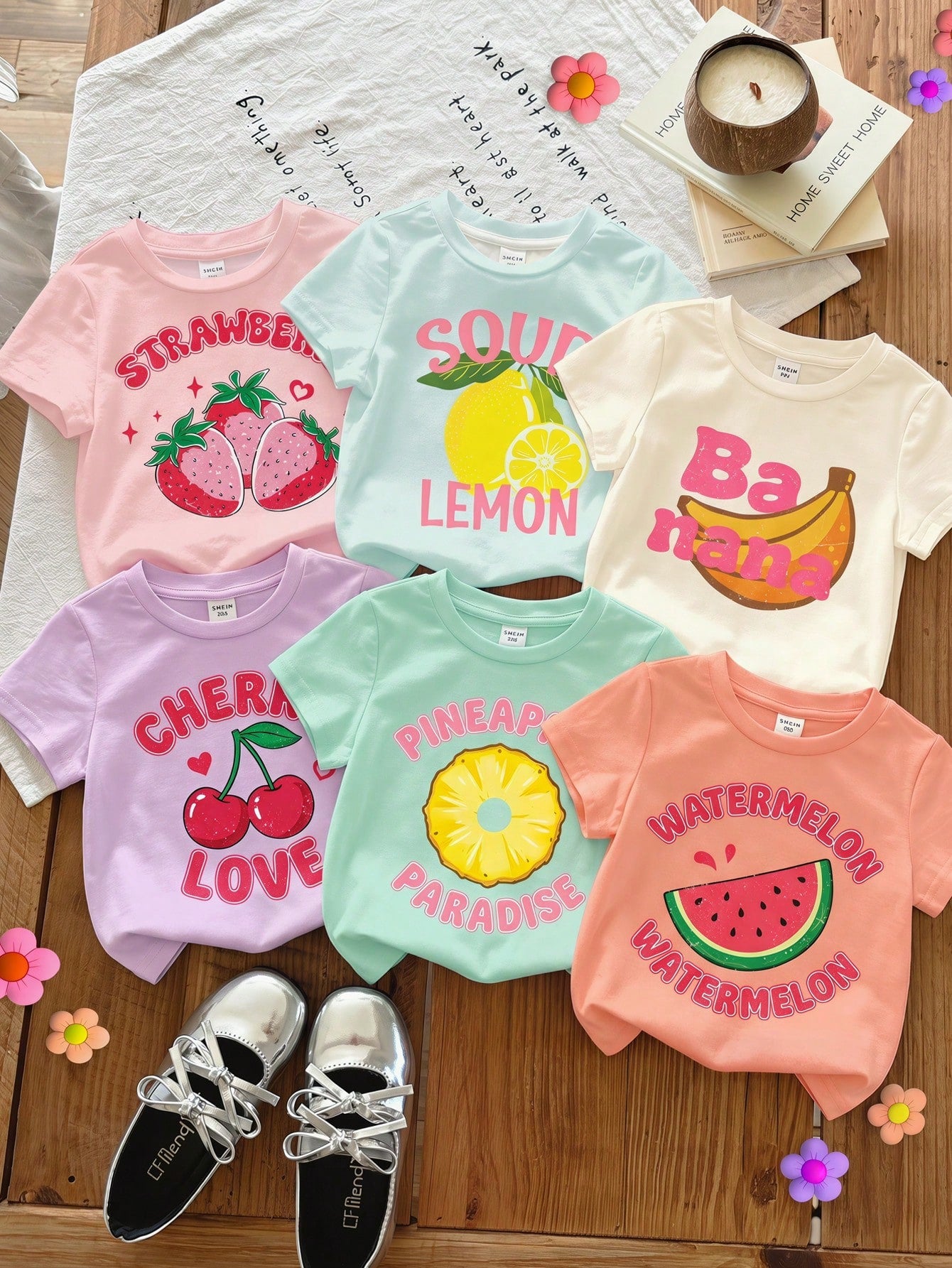 3pcs/Set Baby Girl Cute Light Pink Summer Graphic T-Shirts, Retro Dopamine Fruit Series Short Sleeve Baby Girl Round Neck Tee, Graduation, Back-To-School Wear