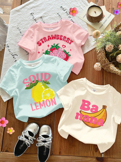 3pcs/Set Baby Girl Cute Light Pink Summer Graphic T-Shirts, Retro Dopamine Fruit Series Short Sleeve Baby Girl Round Neck Tee, Graduation, Back-To-School Wear