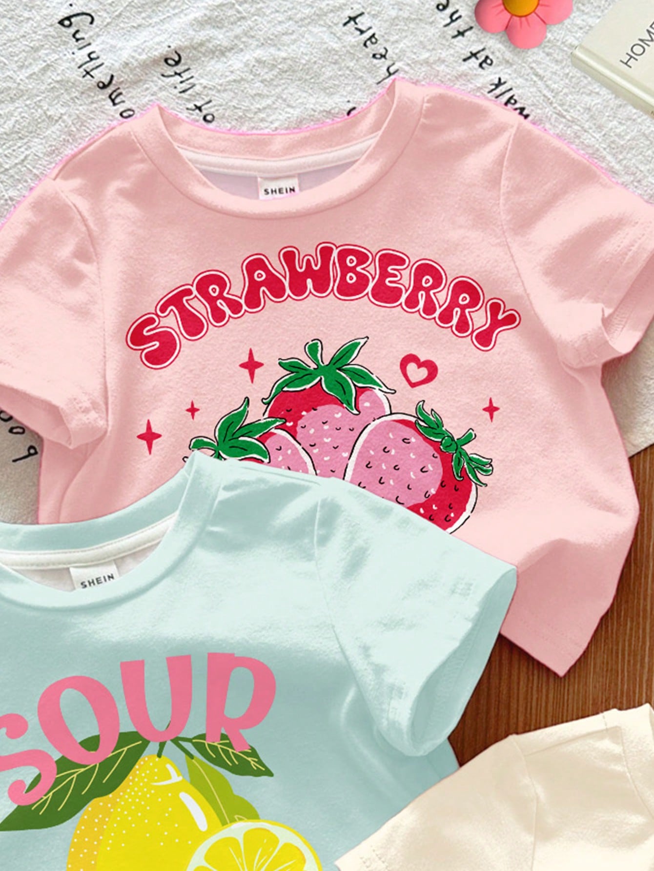 3pcs/Set Baby Girl Cute Light Pink Summer Graphic T-Shirts, Retro Dopamine Fruit Series Short Sleeve Baby Girl Round Neck Tee, Graduation, Back-To-School Wear