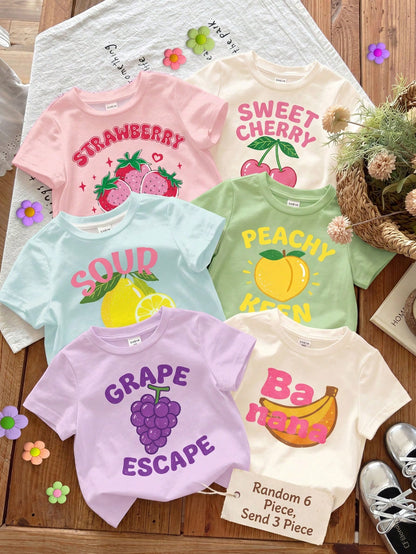 3pcs/Set Baby Girl Cute Light Pink Summer Graphic T-Shirts, Retro Dopamine Fruit Series Short Sleeve Baby Girl Round Neck Tee, Graduation, Back-To-School Wear
