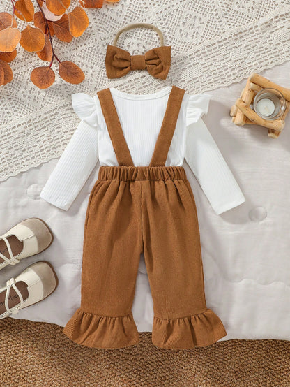 3pcs/Set Baby Girl Long Sleeve Ribbed Flutter Sleeve Ruffle Bow French Sweet Style Overalls + Bow Hair Tie Spring Autumn Daily Wear Outfit