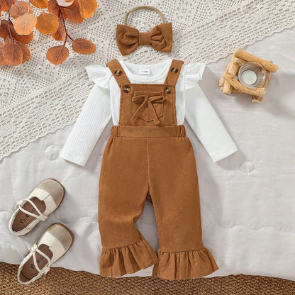 3pcs/Set Baby Girl Long Sleeve Ribbed Flutter Sleeve Ruffle Bow French Sweet Style Overalls + Bow Hair Tie Spring Autumn Daily Wear Outfit