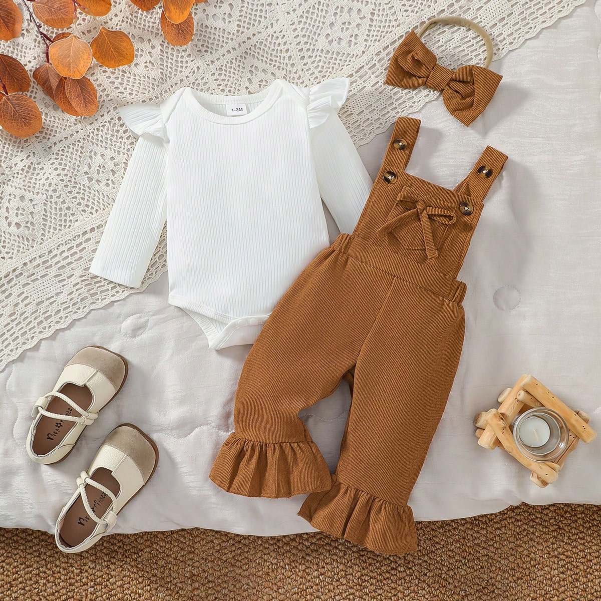 3pcs/Set Baby Girl Long Sleeve Ribbed Flutter Sleeve Ruffle Bow French Sweet Style Overalls + Bow Hair Tie Spring Autumn Daily Wear Outfit