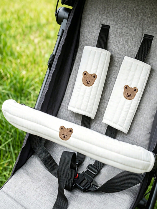3pcs/Set Baby Stroller Accessories Set- Soft Stroller Handle Cover And Seat Shoulder Strap Cover, 3D Embroidered Pattern, Non-Slip Shoulder Pad Suitable For Baby Stroller, More Comfortable For Baby T