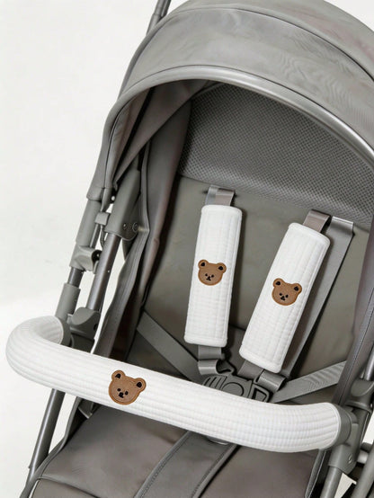 3pcs/Set Baby Stroller Accessories Set- Soft Stroller Handle Cover And Seat Shoulder Strap Cover, 3D Embroidered Pattern, Non-Slip Shoulder Pad Suitable For Baby Stroller, More Comfortable For Baby T