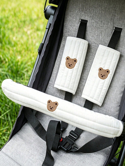 3pcs/Set Baby Stroller Accessories Set- Soft Stroller Handle Cover And Seat Shoulder Strap Cover, 3D Embroidered Pattern, Non-Slip Shoulder Pad Suitable For Baby Stroller, More Comfortable For Baby T