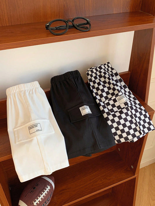 3pcs/Set Kids Boys' Loose Fit Woven Shorts,Toddler Boy Clothes For Summer,School,Back-To-School,Comfortable Solid Color & Checkered Patch Pocket Pants