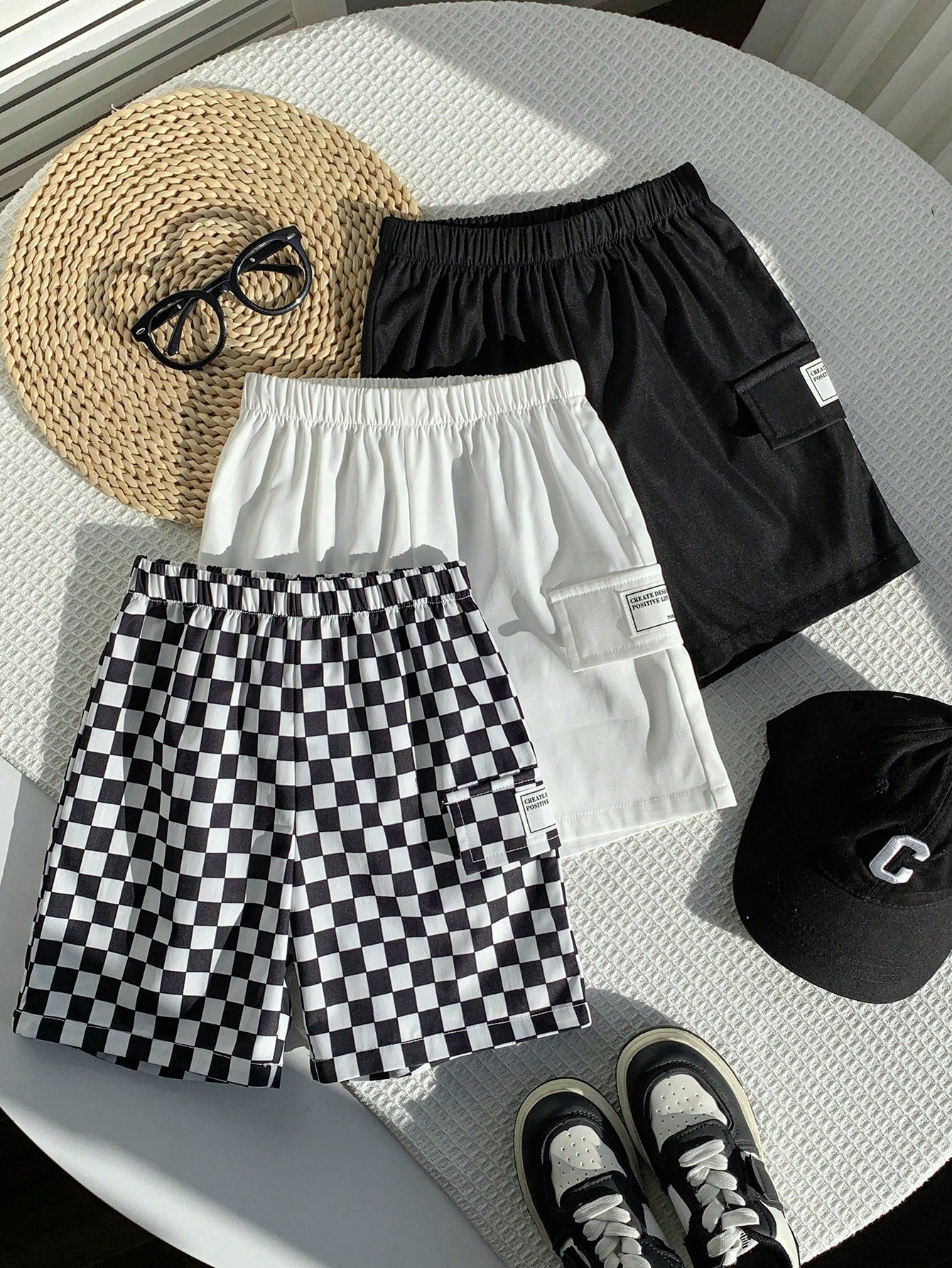 3pcs/Set Kids Boys' Loose Fit Woven Shorts,Toddler Boy Clothes For Summer,School,Back-To-School,Comfortable Solid Color & Checkered Patch Pocket Pants