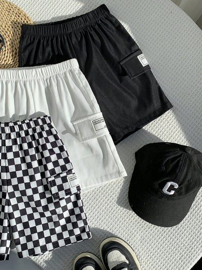 3pcs/Set Kids Boys' Loose Fit Woven Shorts,Toddler Boy Clothes For Summer,School,Back-To-School,Comfortable Solid Color & Checkered Patch Pocket Pants