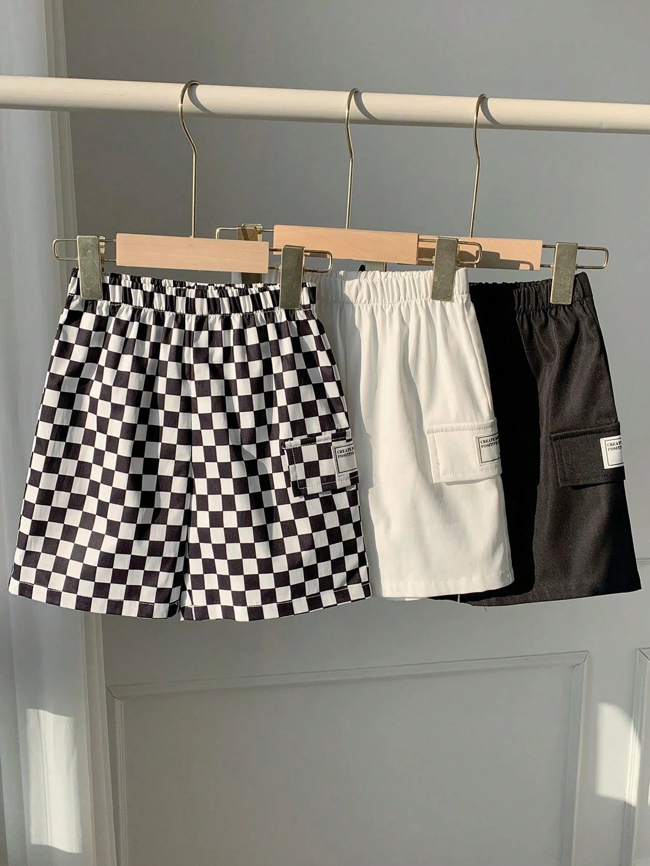 3pcs/Set Kids Boys' Loose Fit Woven Shorts,Toddler Boy Clothes For Summer,School,Back-To-School,Comfortable Solid Color & Checkered Patch Pocket Pants