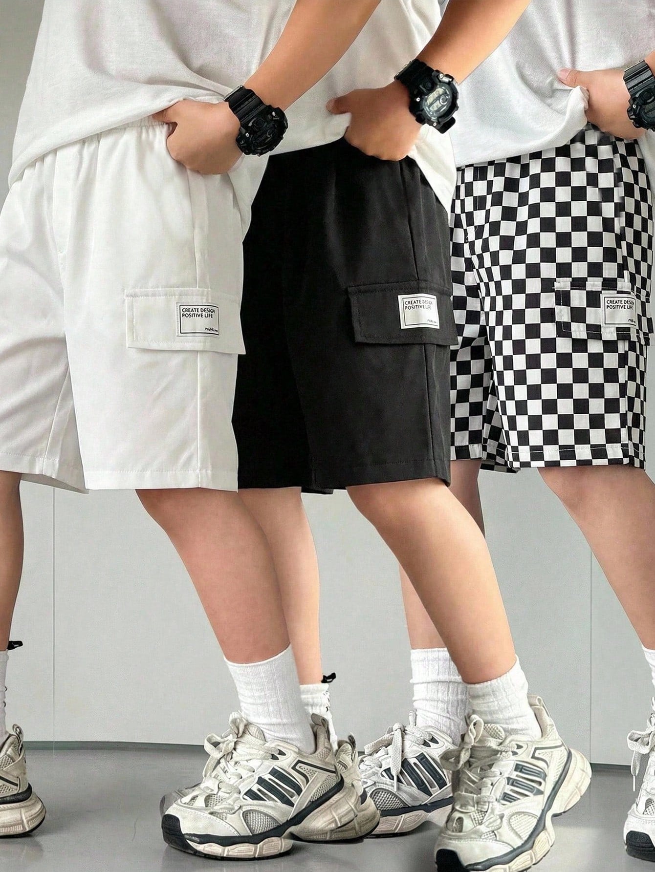 3pcs/Set Kids Boys' Loose Fit Woven Shorts,Toddler Boy Clothes For Summer,School,Back-To-School,Comfortable Solid Color & Checkered Patch Pocket Pants