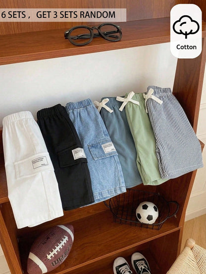 3pcs/Set Kids Boys' Loose Fit Woven Shorts,Toddler Boy Clothes For Summer,School,Back-To-School,Comfortable Solid Color & Checkered Patch Pocket Pants