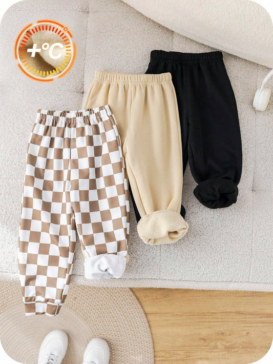 3pcs/Set Young Boy Casual School Style Comfortable Solid & Plaid Pattern Thermal Lined Pants,Versatile Autumn/Winter Checkered Joggers Winter Pants