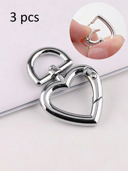 3pcs Silver Heart Spring Ring Hardware Clasp, Metal Round Buckle, Key Ring Bag Clasp, Adjustable Hook, Open Ring, DIY Hardware Accessories, Car Accessories, Women's Valentine's Day Gift