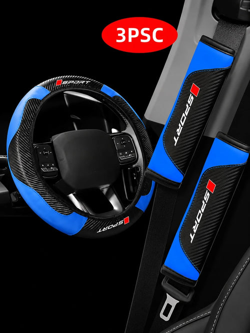 3Pcs Sport Comfort Car Steering Wheel Cover Set, Carbon Fiber Steering Wheel Cover + 2 Seatbelt Shoulder Pad Covers, Imitation Leather Elastic Inner Ring Contactless Steering Wheel Cover, Car Interior