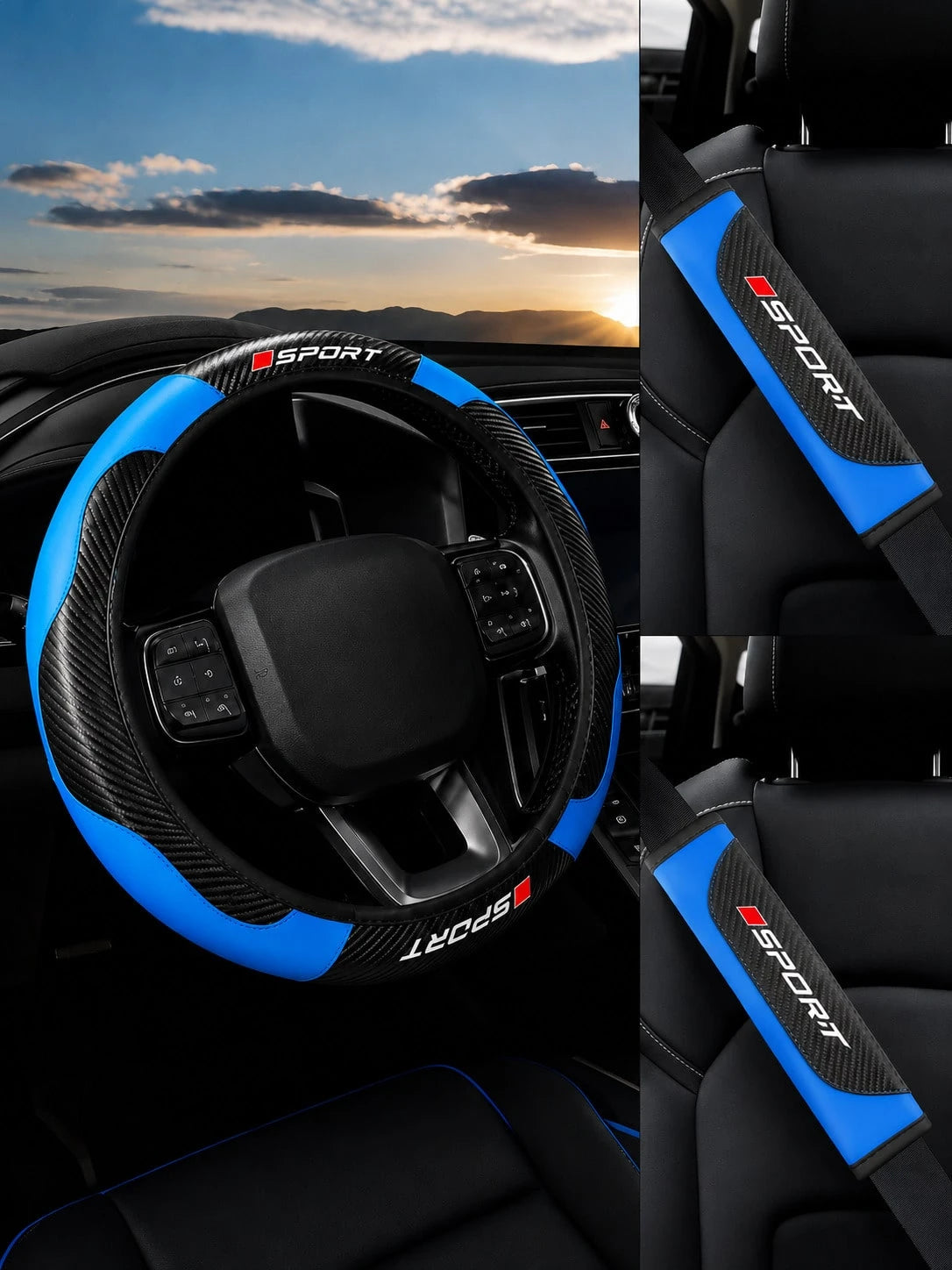 3Pcs Sport Comfort Car Steering Wheel Cover Set, Carbon Fiber Steering Wheel Cover + 2 Seatbelt Shoulder Pad Covers, Imitation Leather Elastic Inner Ring Contactless Steering Wheel Cover, Car Interior