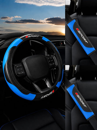 3Pcs Sport Comfort Car Steering Wheel Cover Set, Carbon Fiber Steering Wheel Cover + 2 Seatbelt Shoulder Pad Covers, Imitation Leather Elastic Inner Ring Contactless Steering Wheel Cover, Car Interior