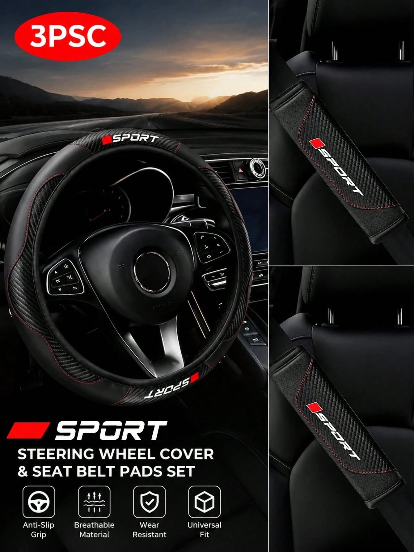 3Pcs Sport Comfort Car Steering Wheel Cover Set, Carbon Fiber Steering Wheel Cover + 2 Seatbelt Shoulder Pad Covers, Imitation Leather Elastic Inner Ring Contactless Steering Wheel Cover, Car Interior