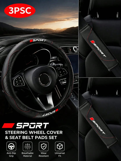 3Pcs Sport Comfort Car Steering Wheel Cover Set, Carbon Fiber Steering Wheel Cover + 2 Seatbelt Shoulder Pad Covers, Imitation Leather Elastic Inner Ring Contactless Steering Wheel Cover, Car Interior