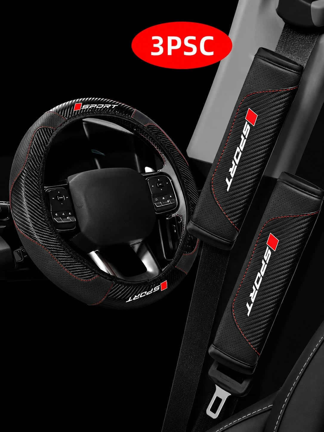 3Pcs Sport Comfort Car Steering Wheel Cover Set, Carbon Fiber Steering Wheel Cover + 2 Seatbelt Shoulder Pad Covers, Imitation Leather Elastic Inner Ring Contactless Steering Wheel Cover, Car Interior
