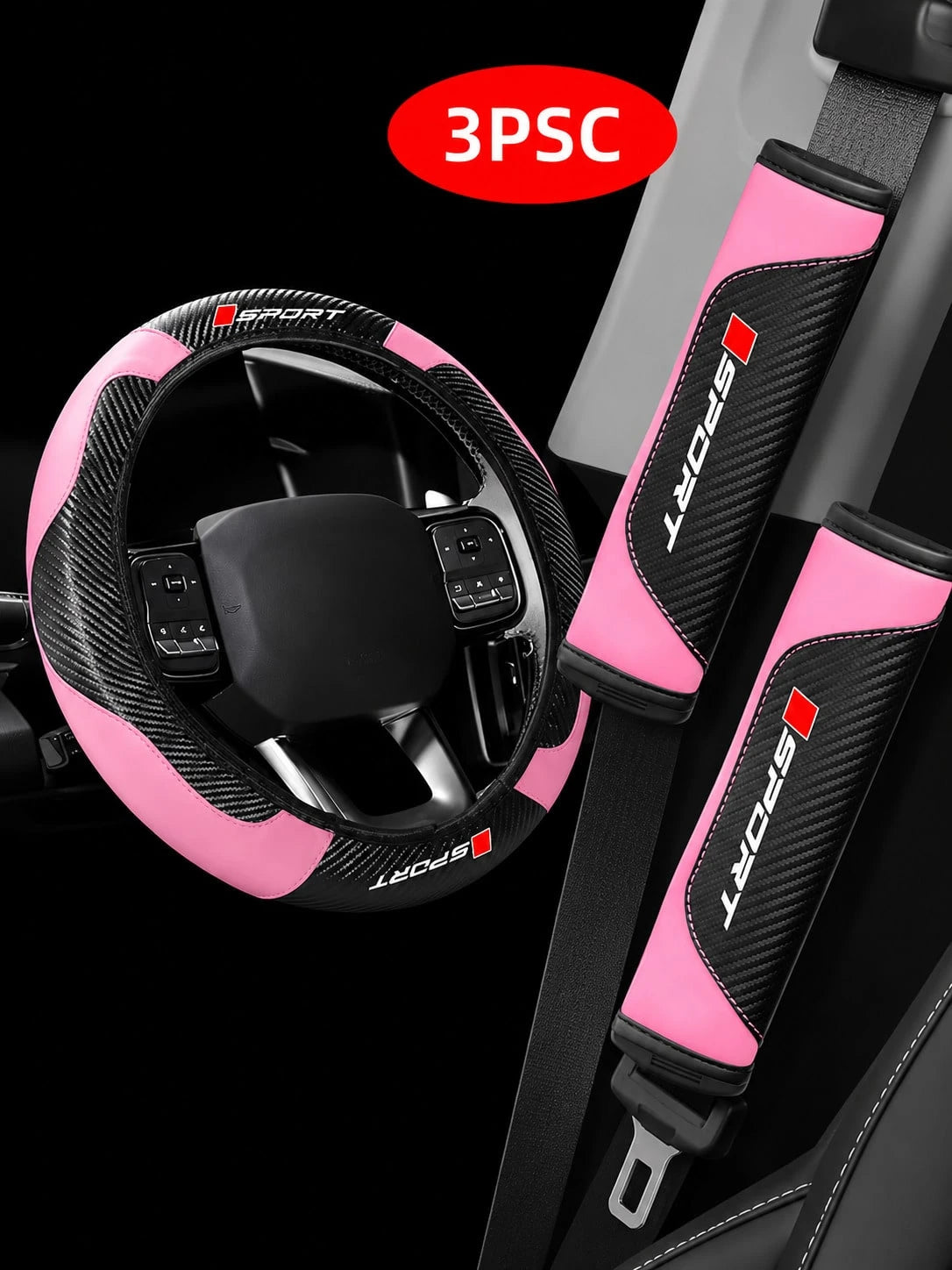 3Pcs Sport Comfort Car Steering Wheel Cover Set, Carbon Fiber Steering Wheel Cover + 2 Seatbelt Shoulder Pad Covers, Imitation Leather Elastic Inner Ring Contactless Steering Wheel Cover, Car Interior