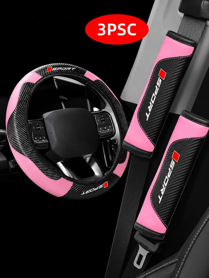 3Pcs Sport Comfort Car Steering Wheel Cover Set, Carbon Fiber Steering Wheel Cover + 2 Seatbelt Shoulder Pad Covers, Imitation Leather Elastic Inner Ring Contactless Steering Wheel Cover, Car Interior
