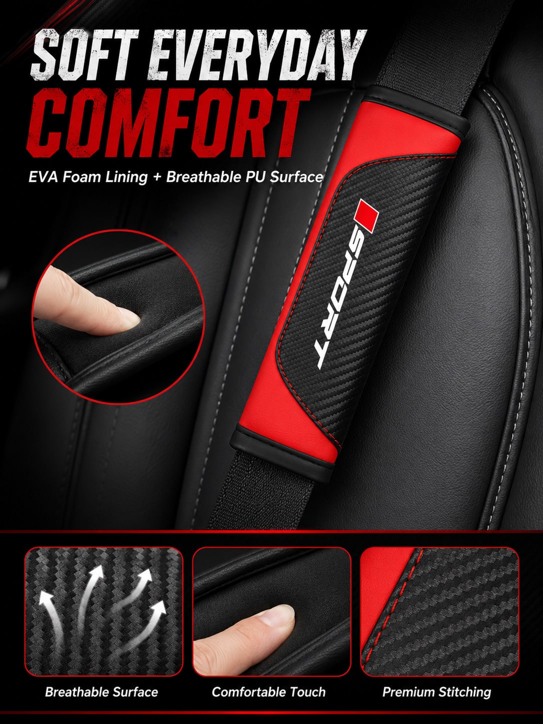 3Pcs Sport Comfort Car Steering Wheel Cover Set, Carbon Fiber Steering Wheel Cover + 2 Seatbelt Shoulder Pad Covers, Imitation Leather Elastic Inner Ring Contactless Steering Wheel Cover, Car Interior