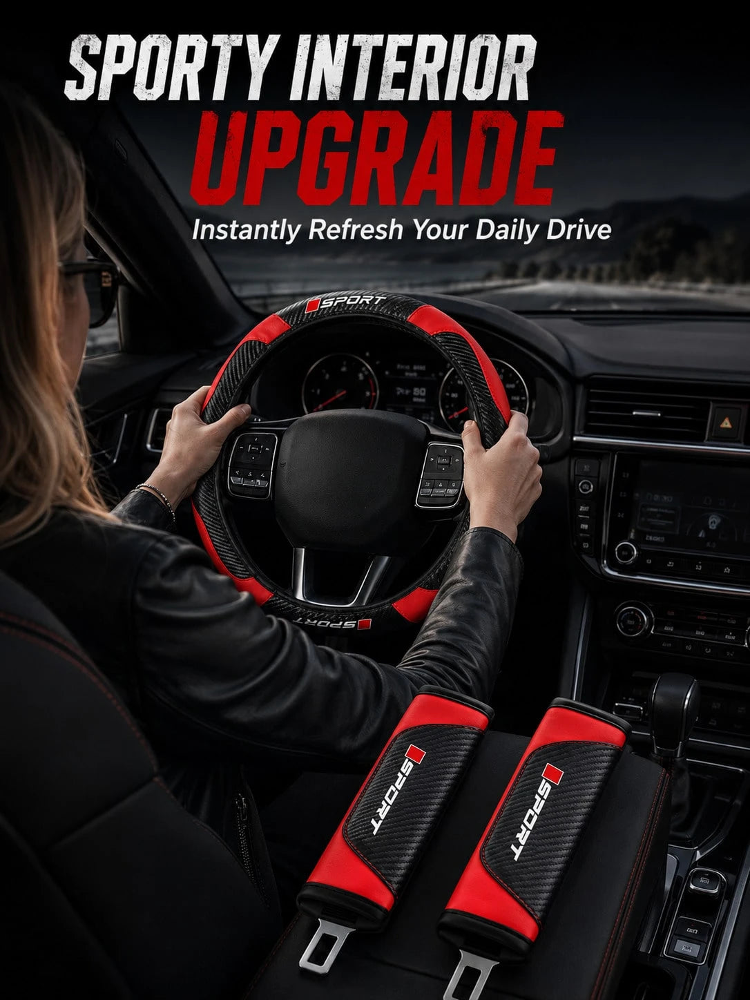 3Pcs Sport Comfort Car Steering Wheel Cover Set, Carbon Fiber Steering Wheel Cover + 2 Seatbelt Shoulder Pad Covers, Imitation Leather Elastic Inner Ring Contactless Steering Wheel Cover, Car Interior