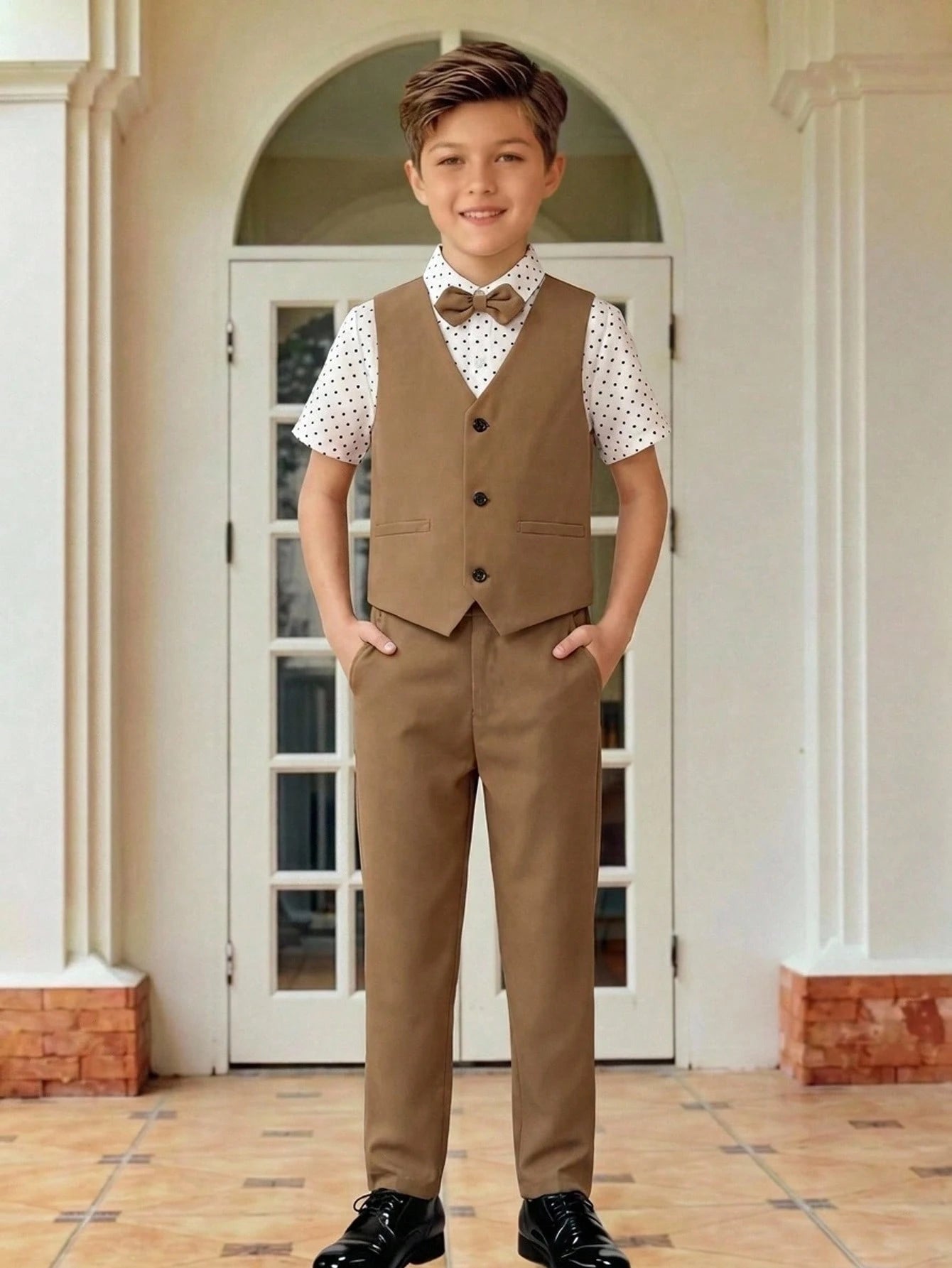 3pcs Tween Boy School Uniform Set,Brown Polka Dot Short Sleeve Shirt,Vest,Pants,Gentleman Style Outfit,Elegant Summer Graduation Birthday Wedding