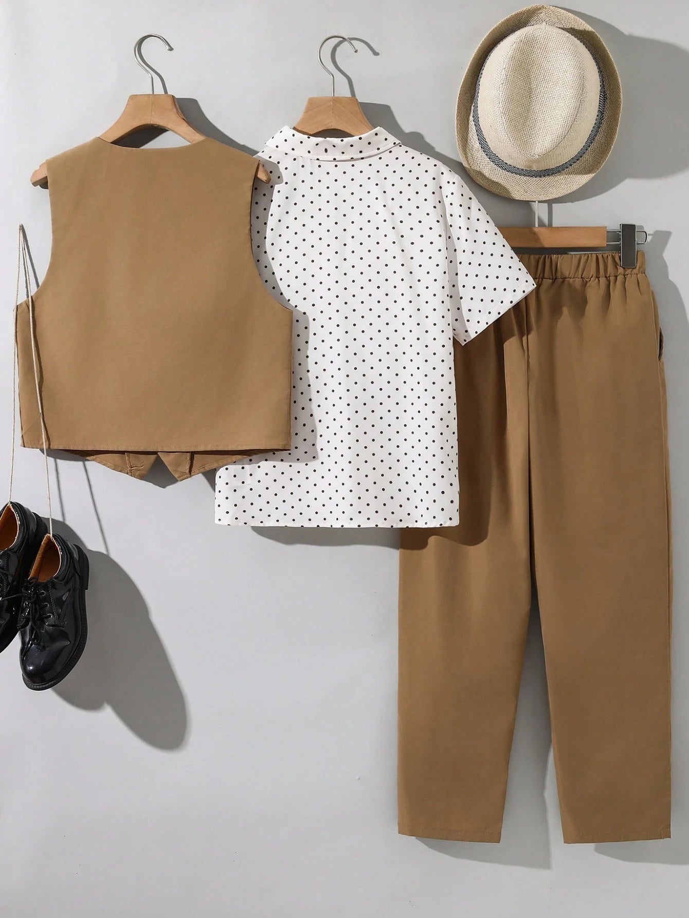 3pcs Tween Boy School Uniform Set,Brown Polka Dot Short Sleeve Shirt,Vest,Pants,Gentleman Style Outfit,Elegant Summer Graduation Birthday Wedding
