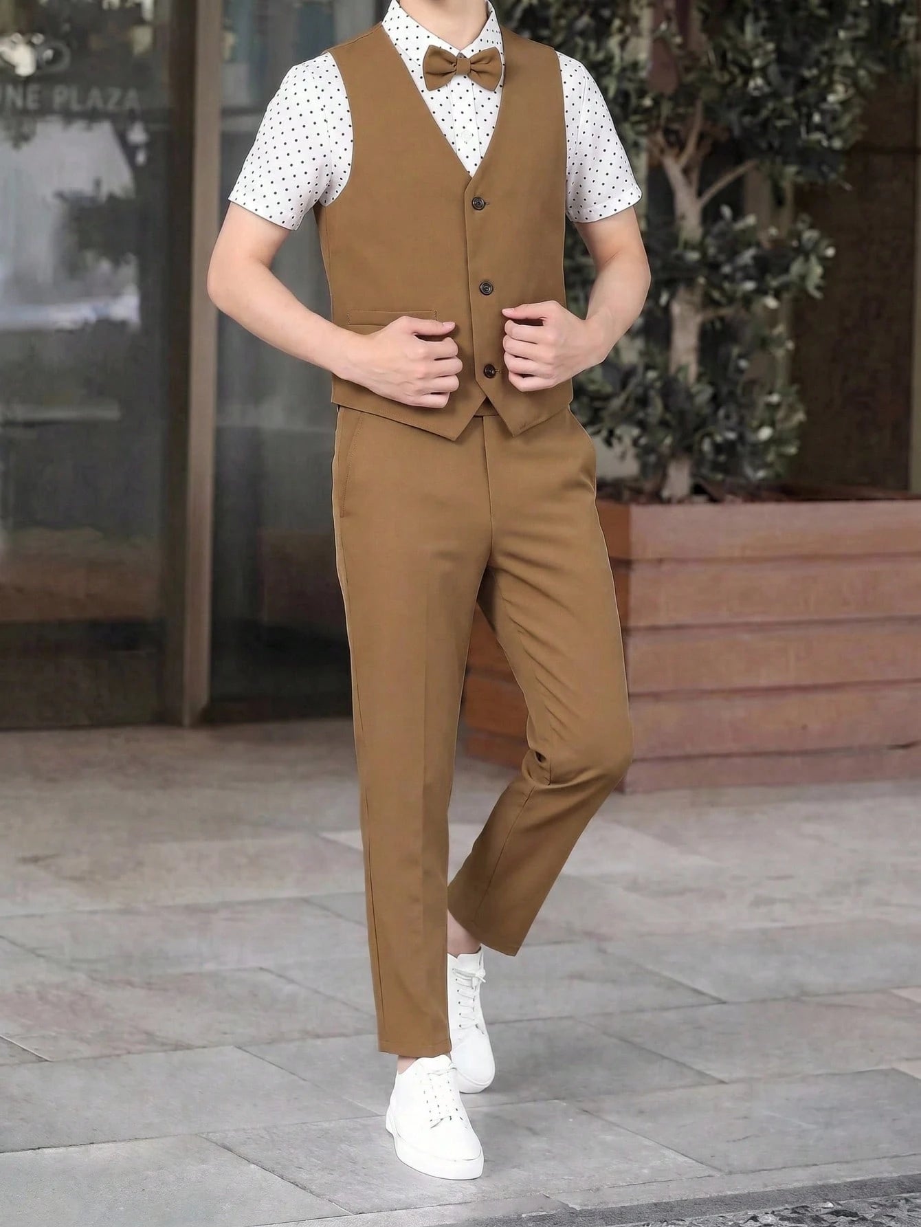 3pcs Tween Boy School Uniform Set,Brown Polka Dot Short Sleeve Shirt,Vest,Pants,Gentleman Style Outfit,Elegant Summer Graduation Birthday Wedding