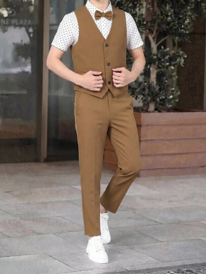 3pcs Tween Boy School Uniform Set,Brown Polka Dot Short Sleeve Shirt,Vest,Pants,Gentleman Style Outfit,Elegant Summer Graduation Birthday Wedding