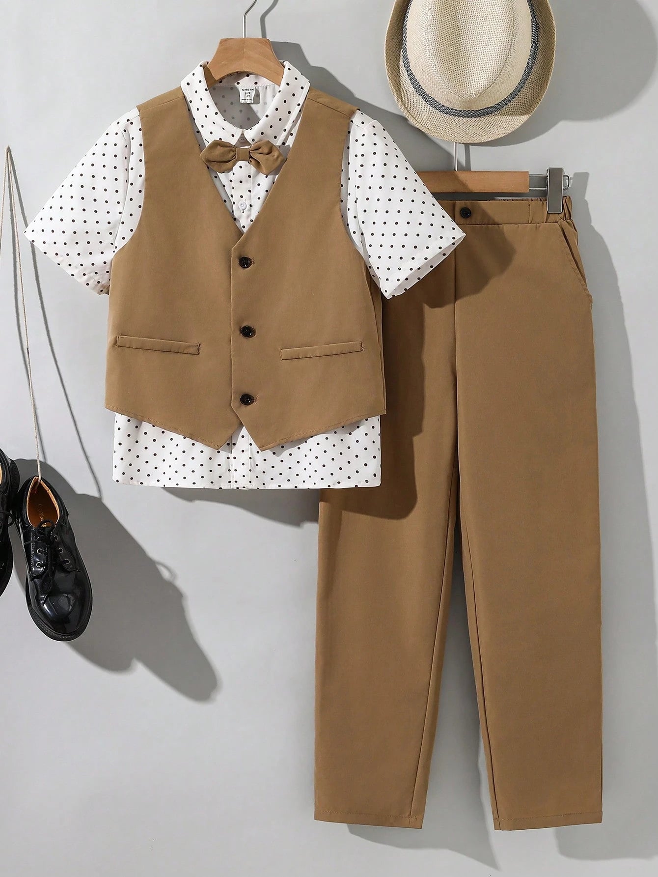 3pcs Tween Boy School Uniform Set,Brown Polka Dot Short Sleeve Shirt,Vest,Pants,Gentleman Style Outfit,Elegant Summer Graduation Birthday Wedding