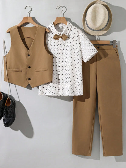 3pcs Tween Boy School Uniform Set,Brown Polka Dot Short Sleeve Shirt,Vest,Pants,Gentleman Style Outfit,Elegant Summer Graduation Birthday Wedding