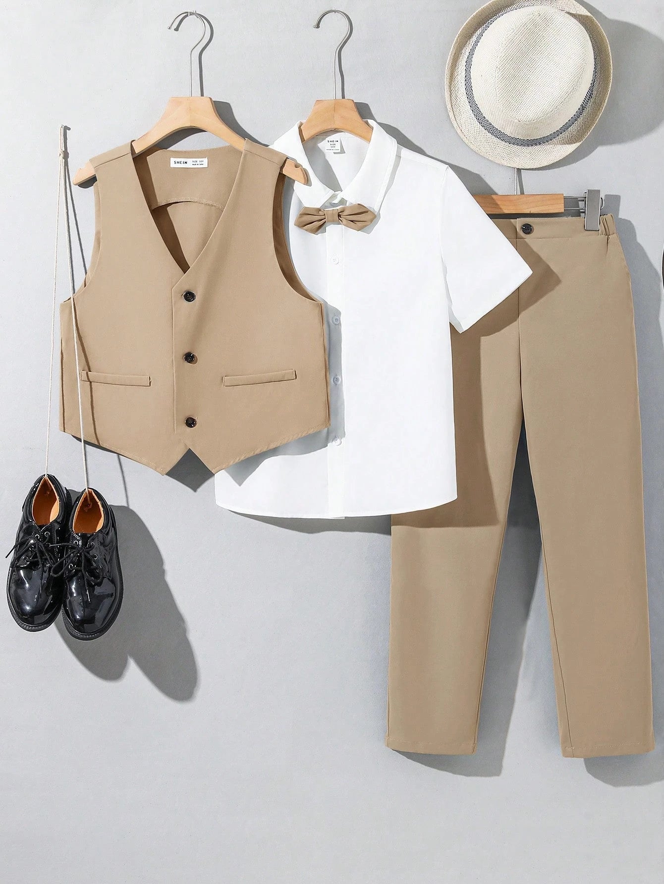 3pcs Tween Boy School Uniform Set,Brown Polka Dot Short Sleeve Shirt,Vest,Pants,Gentleman Style Outfit,Elegant Summer Graduation Birthday Wedding