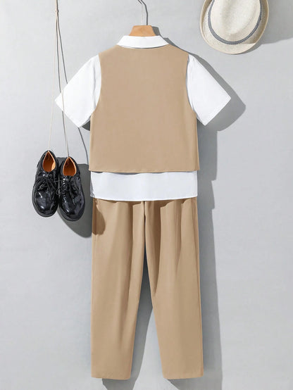 3pcs Tween Boy School Uniform Set,Brown Polka Dot Short Sleeve Shirt,Vest,Pants,Gentleman Style Outfit,Elegant Summer Graduation Birthday Wedding
