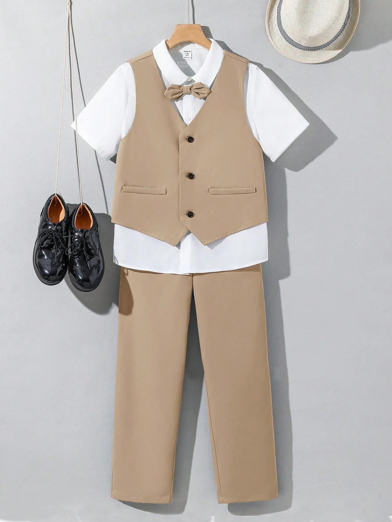 3pcs Tween Boy School Uniform Set,Brown Polka Dot Short Sleeve Shirt,Vest,Pants,Gentleman Style Outfit,Elegant Summer Graduation Birthday Wedding
